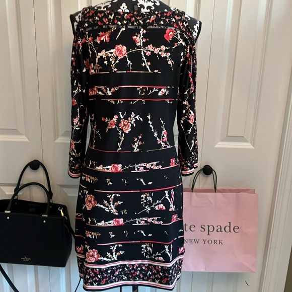 WHBM cold shoulder raglan sleeve black dress with pink floral striped design - Picture 7 of 15